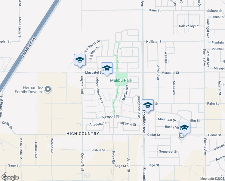 map of restaurants, bars, coffee shops, grocery stores, and more near 13097 Lancaster Street in Hesperia