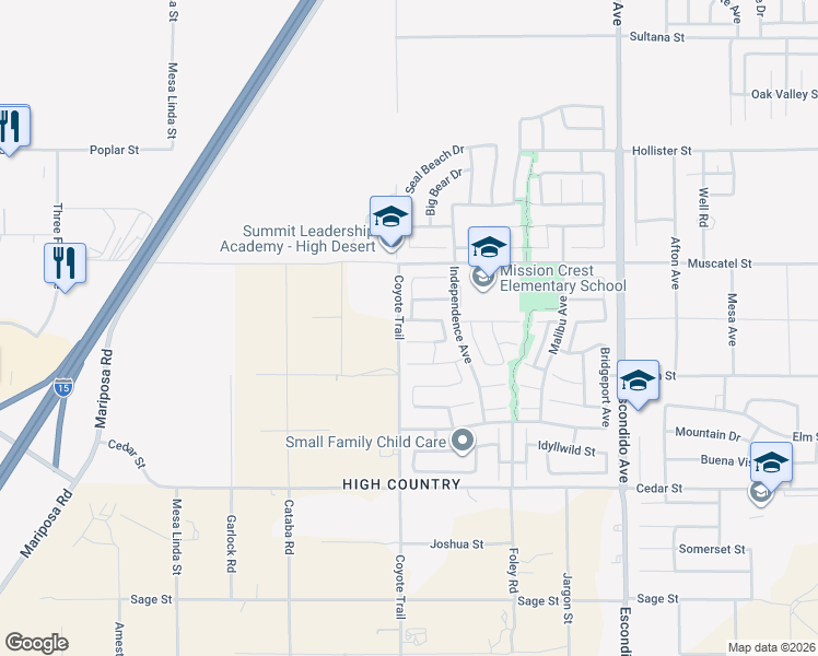 map of restaurants, bars, coffee shops, grocery stores, and more near 12907 Susanville Street in Hesperia