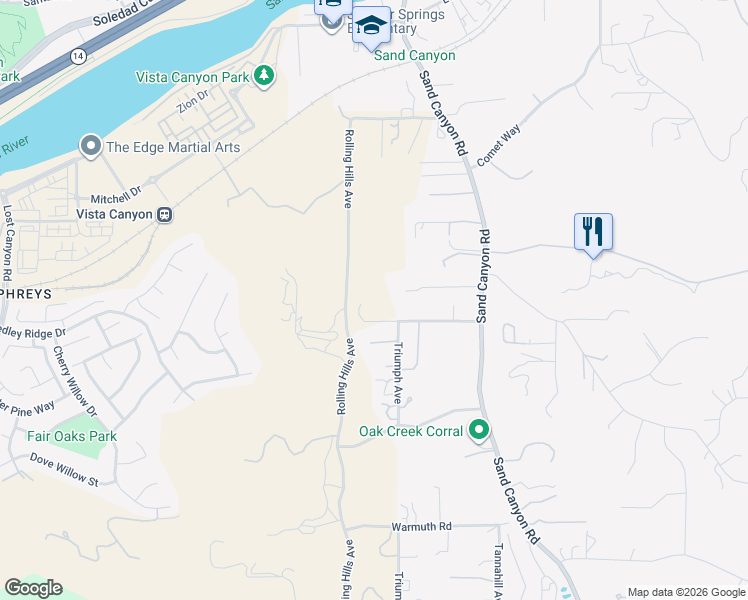 map of restaurants, bars, coffee shops, grocery stores, and more near 16515 Valley Ranch Road in Los Angeles County