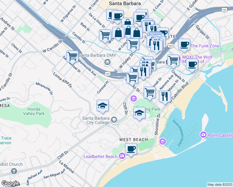map of restaurants, bars, coffee shops, grocery stores, and more near 513 West Gutierrez Street in Santa Barbara