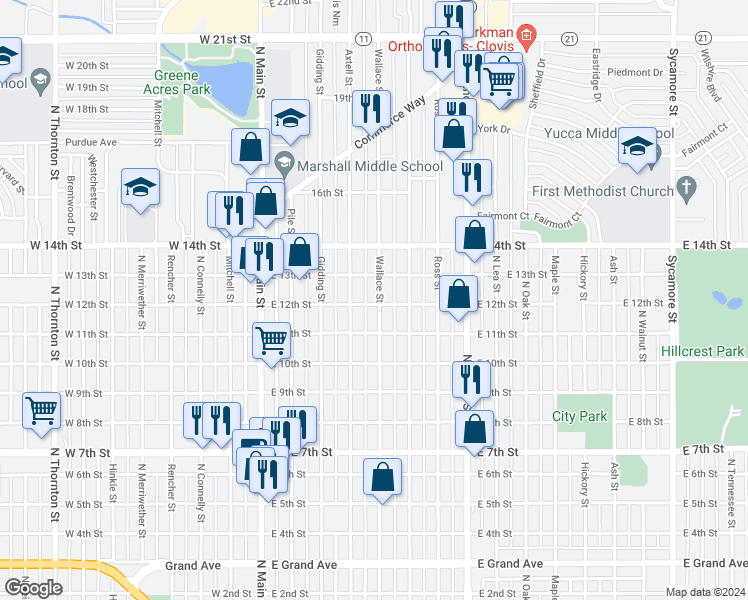 map of restaurants, bars, coffee shops, grocery stores, and more near 1200 Wallace Street in Clovis