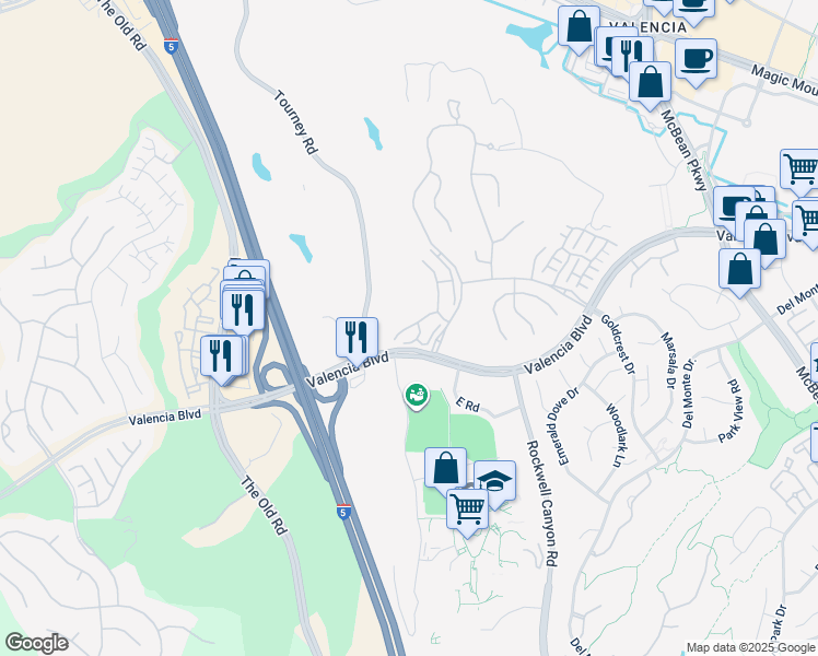 map of restaurants, bars, coffee shops, grocery stores, and more near 26811 Brookhollow Drive in Santa Clarita