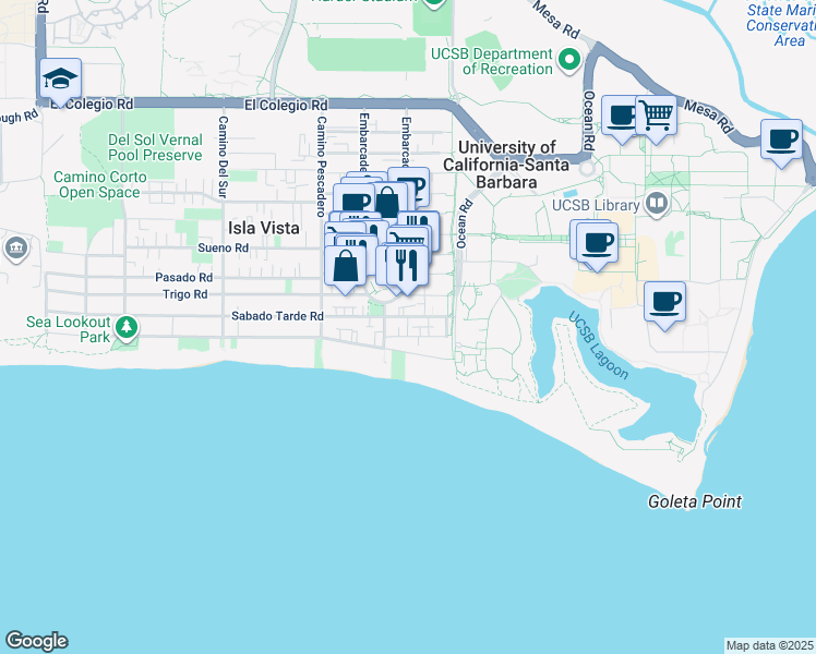 map of restaurants, bars, coffee shops, grocery stores, and more near 6531 Sabado Tarde Road in Goleta