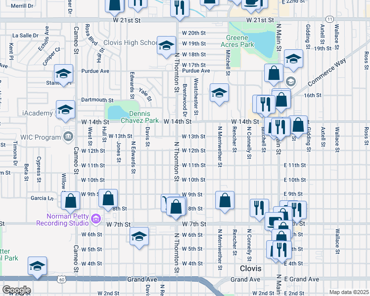 map of restaurants, bars, coffee shops, grocery stores, and more near 706 West 12th Street in Clovis