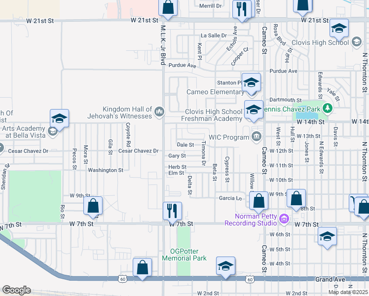 map of restaurants, bars, coffee shops, grocery stores, and more near 1929 Dale Street in Clovis