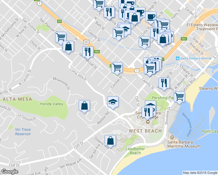map of restaurants, bars, coffee shops, grocery stores, and more near 620 Coronel Place in Santa Barbara
