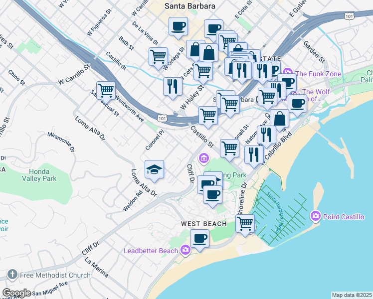map of restaurants, bars, coffee shops, grocery stores, and more near 304 Rancheria Street in Santa Barbara