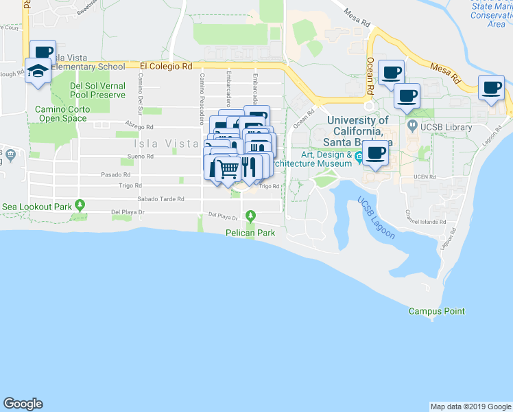 map of restaurants, bars, coffee shops, grocery stores, and more near 1020 El Embarcadero Road in Goleta