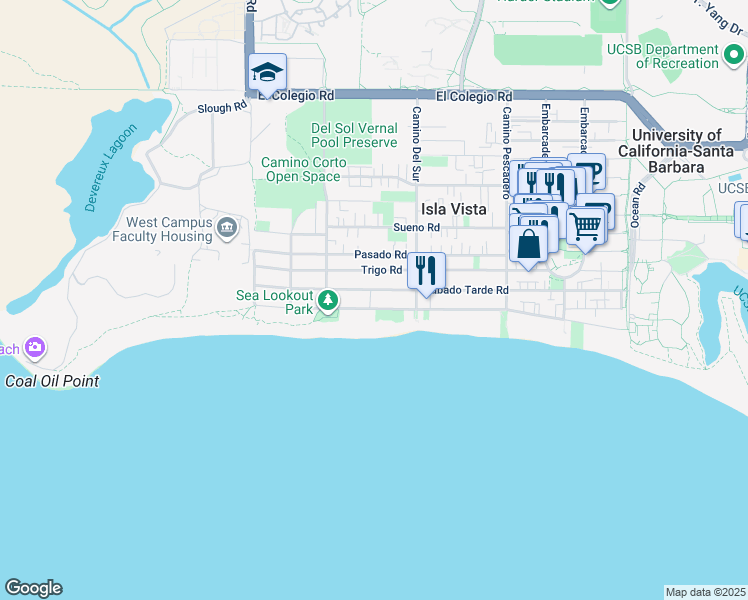 map of restaurants, bars, coffee shops, grocery stores, and more near 6764 Del Playa Drive in Goleta