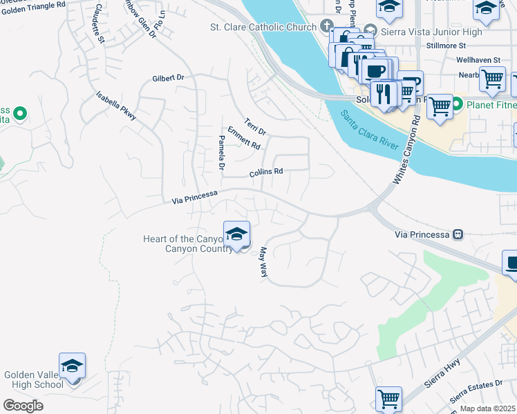 map of restaurants, bars, coffee shops, grocery stores, and more near 26530 Goldfinch Place in Santa Clarita