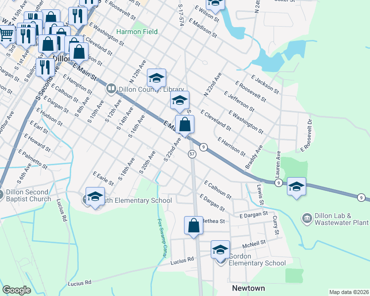 map of restaurants, bars, coffee shops, grocery stores, and more near 1211 East Hampton Street in Dillon
