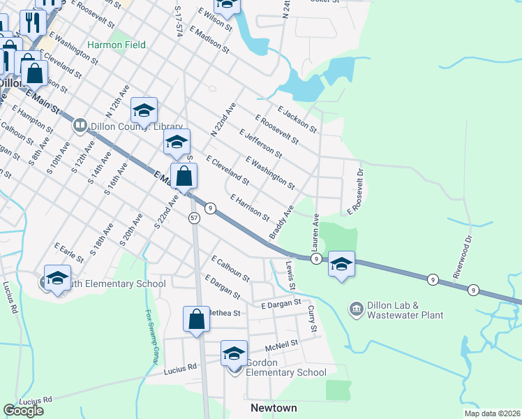 map of restaurants, bars, coffee shops, grocery stores, and more near 1407 East Harrison Street in Dillon