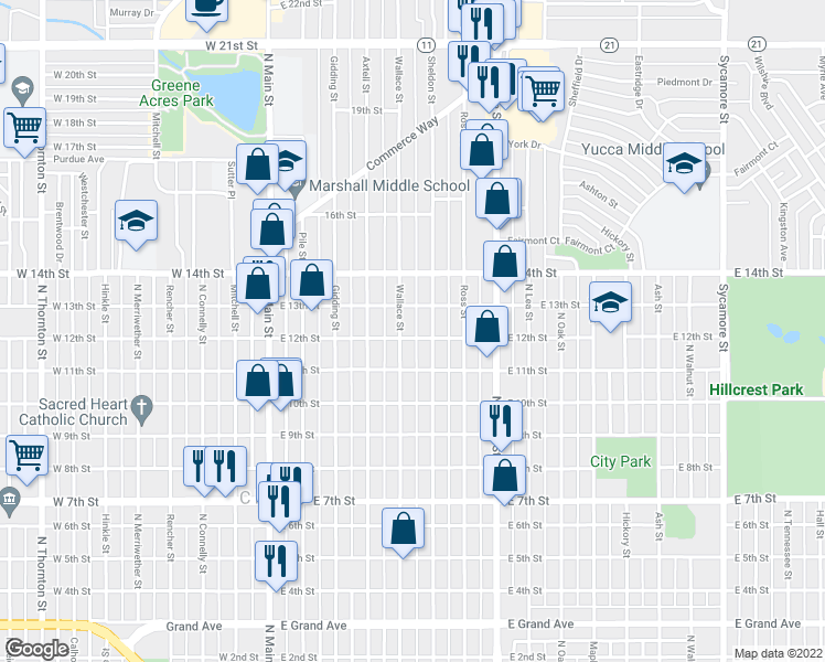 map of restaurants, bars, coffee shops, grocery stores, and more near 1201 Wallace Street in Clovis