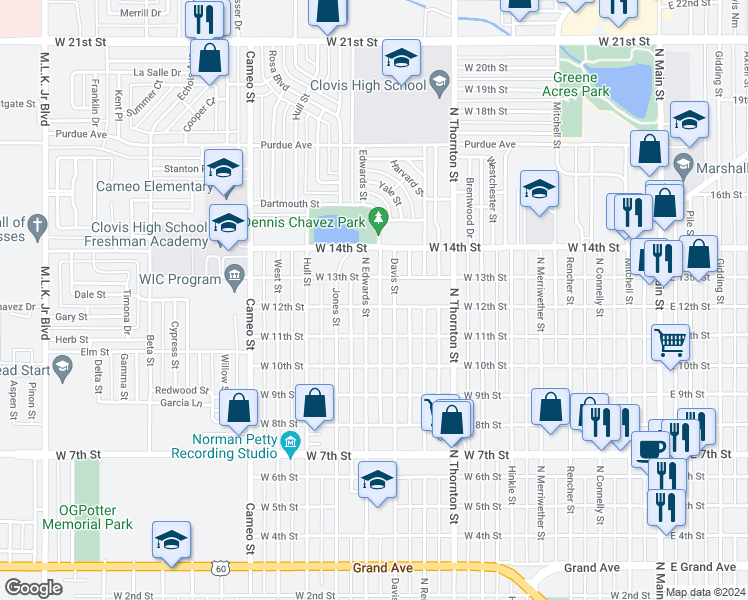 map of restaurants, bars, coffee shops, grocery stores, and more near 1201 North Edwards Street in Clovis