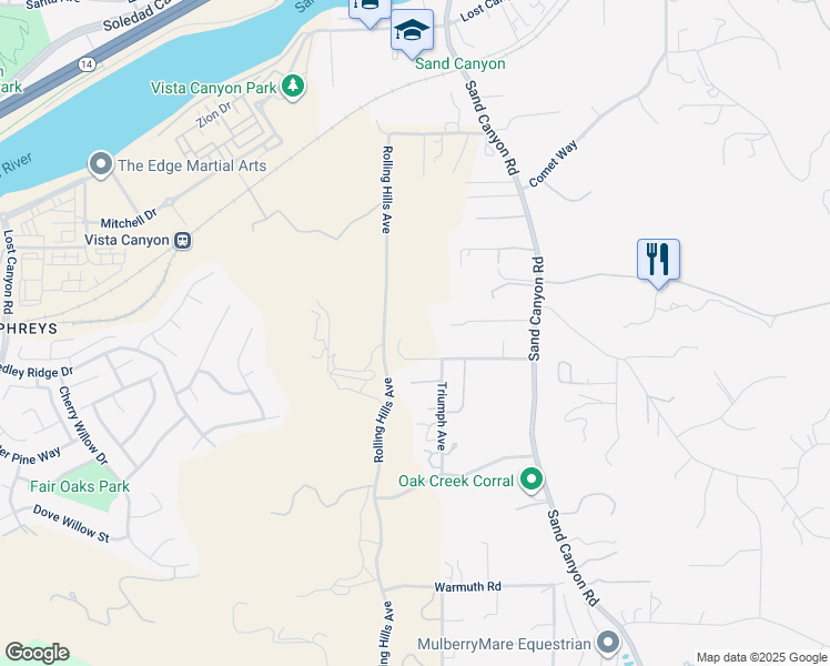 map of restaurants, bars, coffee shops, grocery stores, and more near 16515 Valley Ranch Road in Los Angeles County
