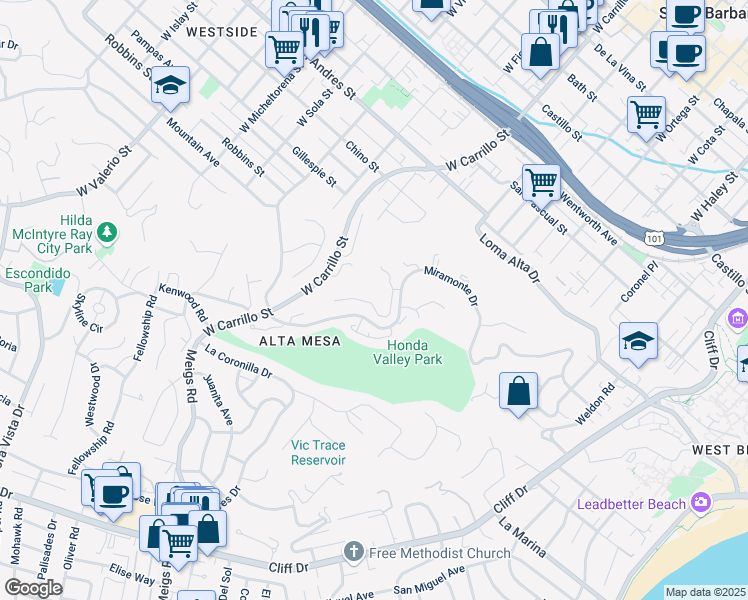 map of restaurants, bars, coffee shops, grocery stores, and more near 984 Miramonte Drive in Santa Barbara