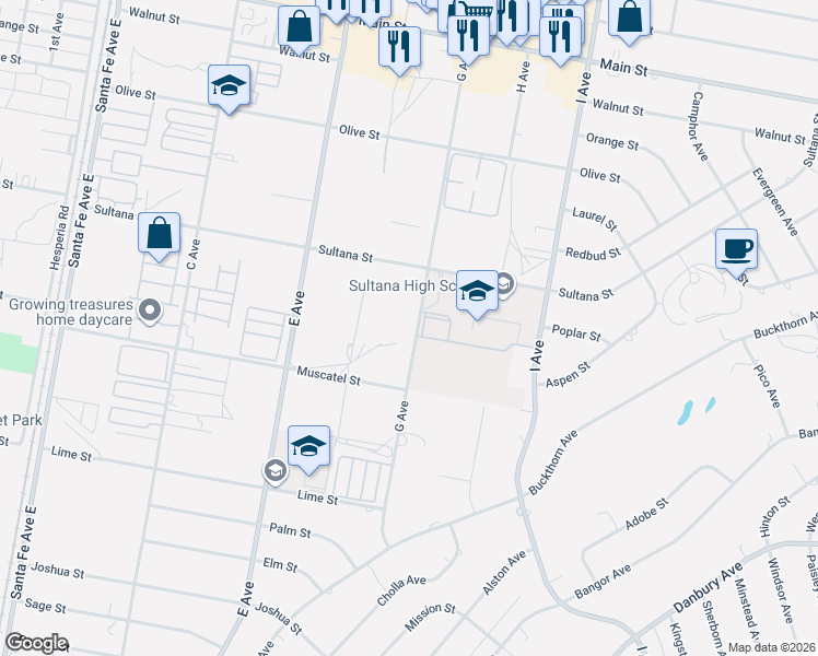map of restaurants, bars, coffee shops, grocery stores, and more near 8817 G Avenue in Hesperia