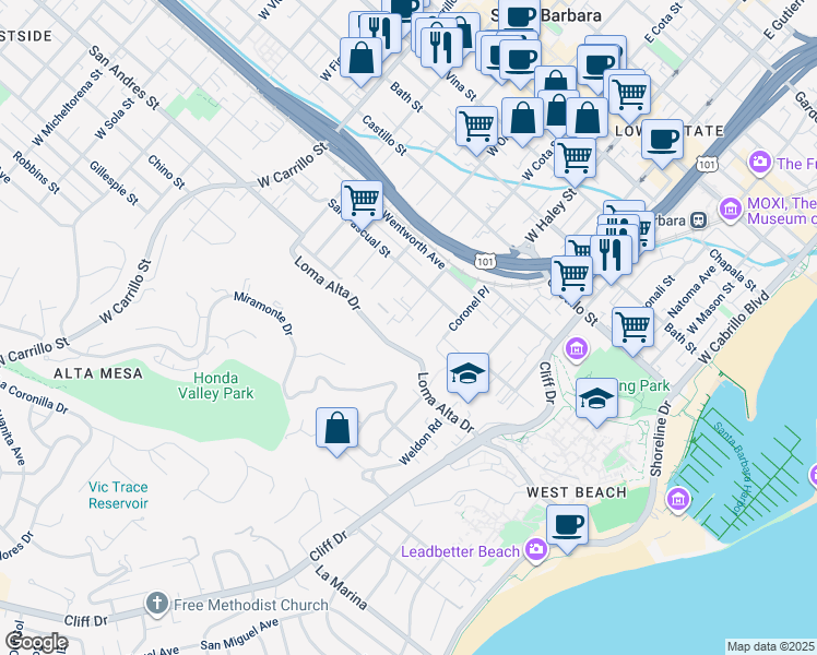 map of restaurants, bars, coffee shops, grocery stores, and more near 711 West Cota Street in Santa Barbara