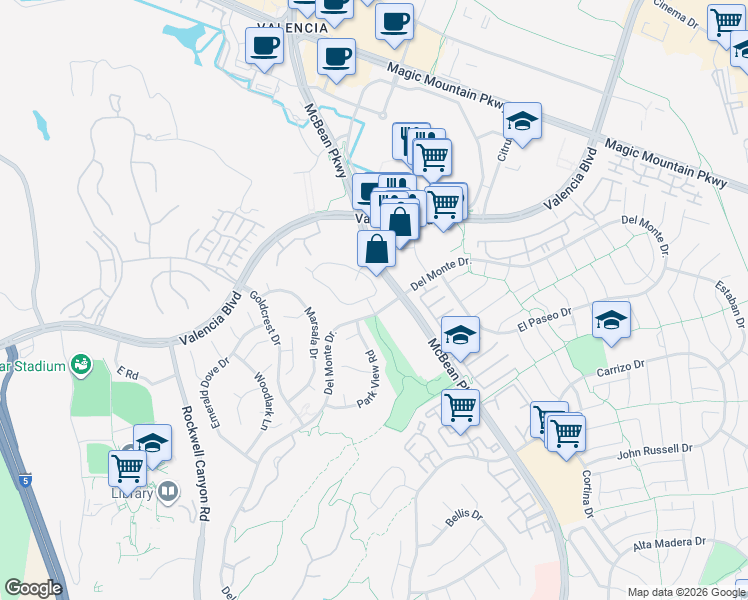 map of restaurants, bars, coffee shops, grocery stores, and more near in Santa Clarita