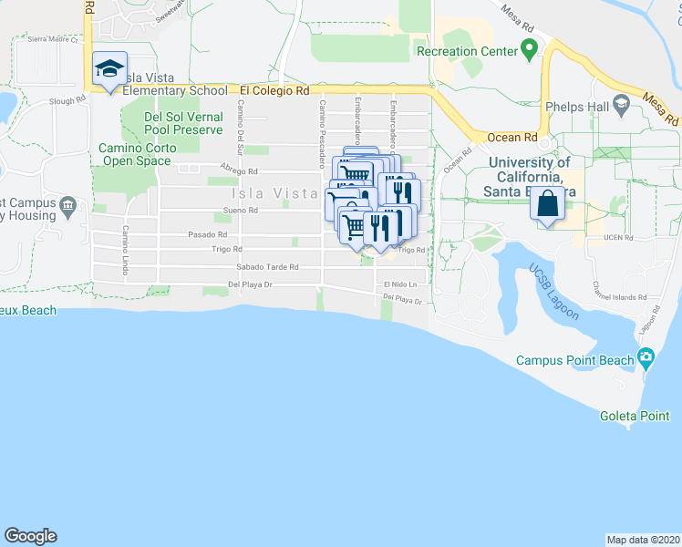 map of restaurants, bars, coffee shops, grocery stores, and more near 6583 Sabado Tarde Road in Goleta