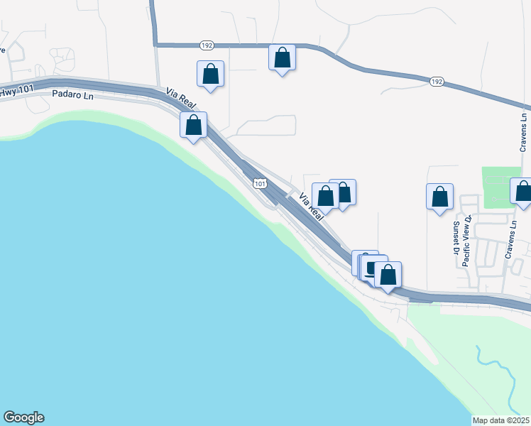 map of restaurants, bars, coffee shops, grocery stores, and more near 3595 Padaro Lane in Carpinteria