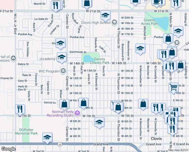 map of restaurants, bars, coffee shops, grocery stores, and more near 1201 N Edwards St in Clovis