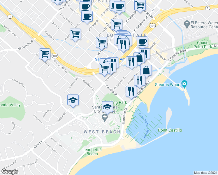 map of restaurants, bars, coffee shops, grocery stores, and more near 215 Castillo Street in Santa Barbara