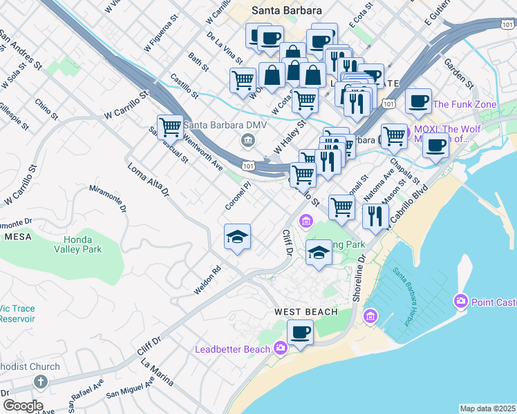 map of restaurants, bars, coffee shops, grocery stores, and more near 513 West Gutierrez Street in Santa Barbara