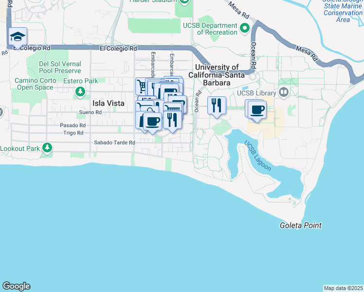 map of restaurants, bars, coffee shops, grocery stores, and more near 6520 El Nido Lane in Goleta