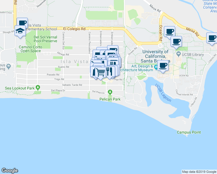 map of restaurants, bars, coffee shops, grocery stores, and more near 1020 El Embarcadero Road in Goleta