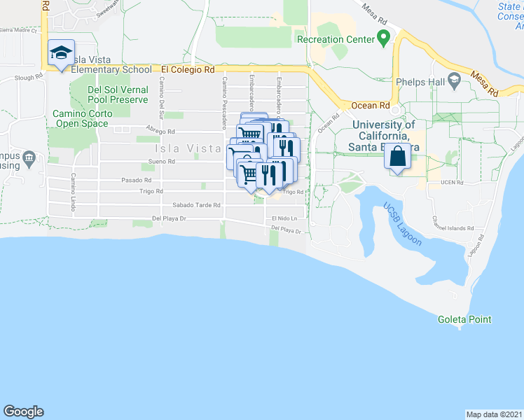 map of restaurants, bars, coffee shops, grocery stores, and more near 1020 El Embarcadero Road in Goleta