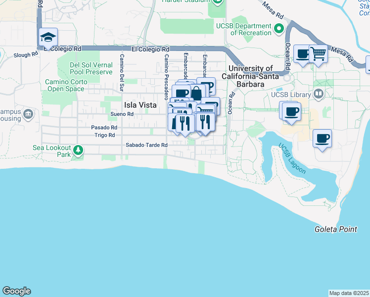 map of restaurants, bars, coffee shops, grocery stores, and more near 6571 Sabado Tarde Road in Isla Vista
