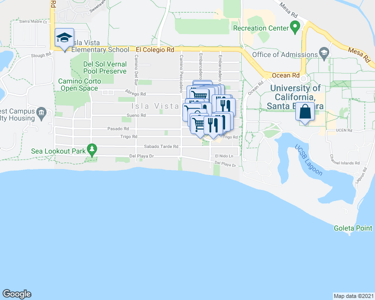 map of restaurants, bars, coffee shops, grocery stores, and more near 6571 Sabado Tarde Road in Isla Vista