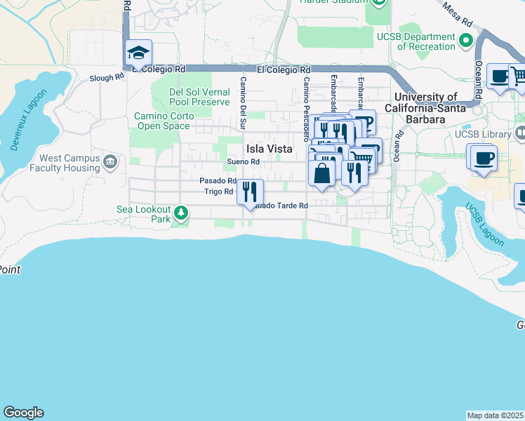 map of restaurants, bars, coffee shops, grocery stores, and more near 6686 Del Playa Drive in Goleta