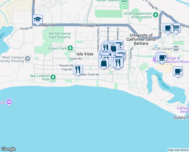 map of restaurants, bars, coffee shops, grocery stores, and more near 6606 Del Playa Drive in Goleta