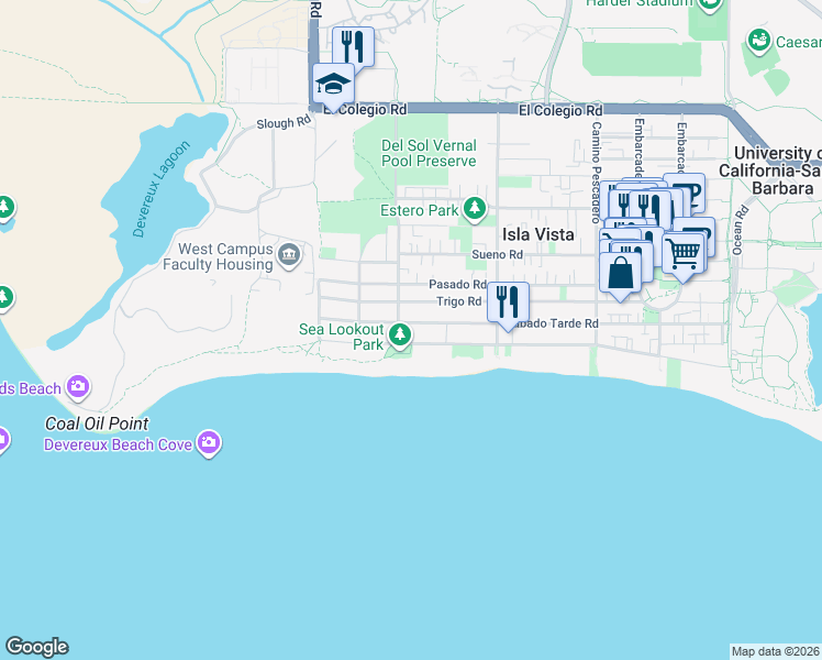 map of restaurants, bars, coffee shops, grocery stores, and more near 6800 Del Playa Drive in Goleta
