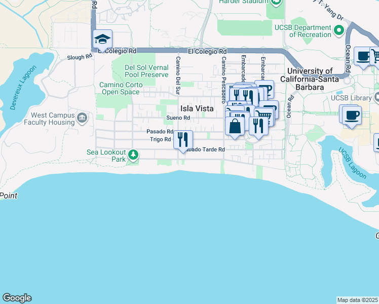 map of restaurants, bars, coffee shops, grocery stores, and more near 6675 Sabado Tarde Road in Goleta