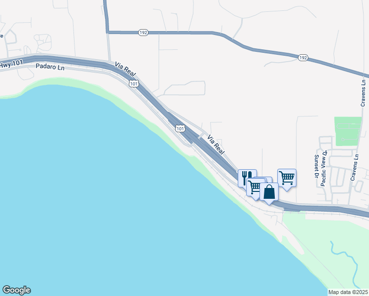 map of restaurants, bars, coffee shops, grocery stores, and more near 3595 Padaro Lane in Carpinteria