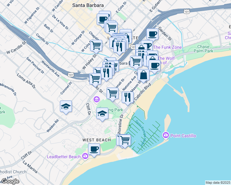 map of restaurants, bars, coffee shops, grocery stores, and more near 127 Bath Street in Santa Barbara