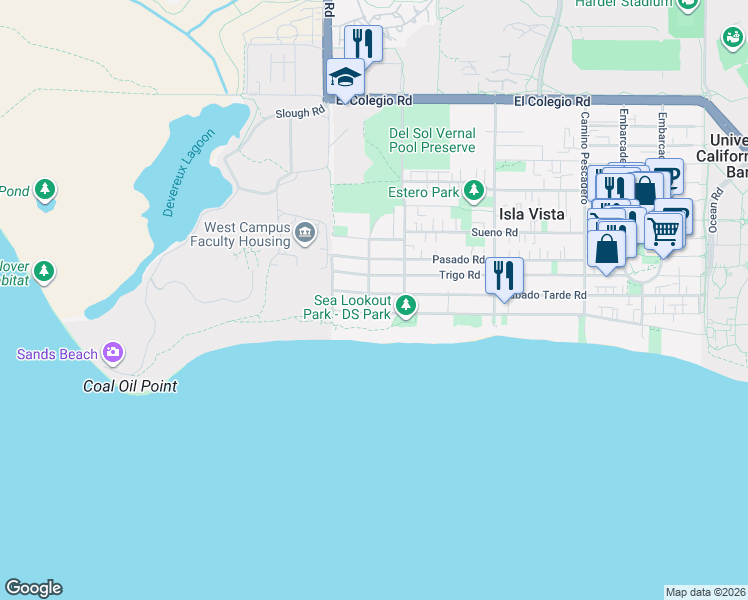 map of restaurants, bars, coffee shops, grocery stores, and more near 6839 Sabado Tarde Road in Goleta