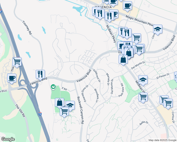 map of restaurants, bars, coffee shops, grocery stores, and more near Valencia Boulevard in Los Angeles County