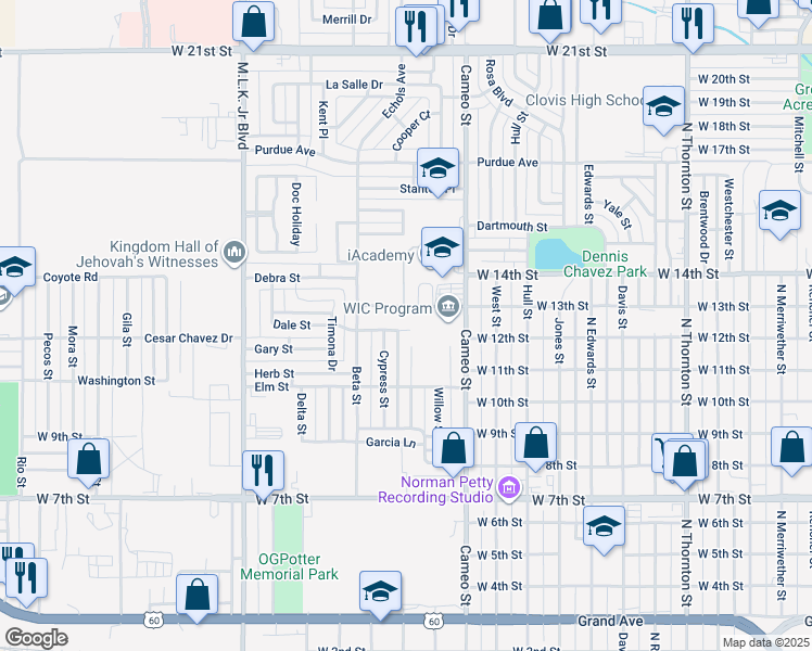 map of restaurants, bars, coffee shops, grocery stores, and more near 1108 Locust Street in Clovis