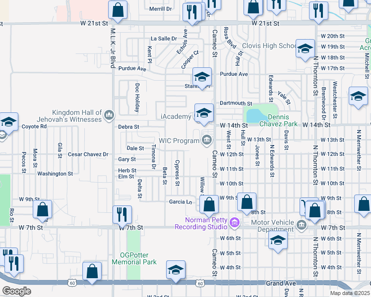 map of restaurants, bars, coffee shops, grocery stores, and more near 1108 Locust Street in Clovis