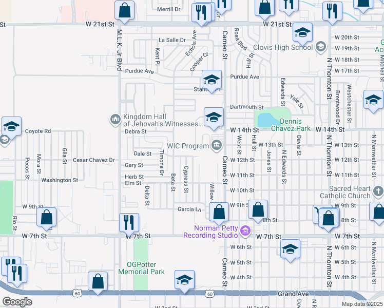 map of restaurants, bars, coffee shops, grocery stores, and more near 1108 Locust Street in Clovis