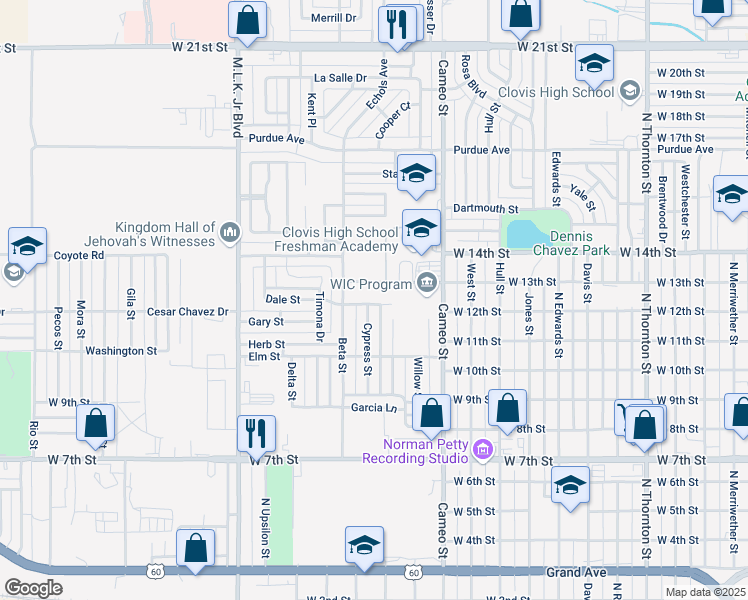 map of restaurants, bars, coffee shops, grocery stores, and more near 1108 Locust Street in Clovis