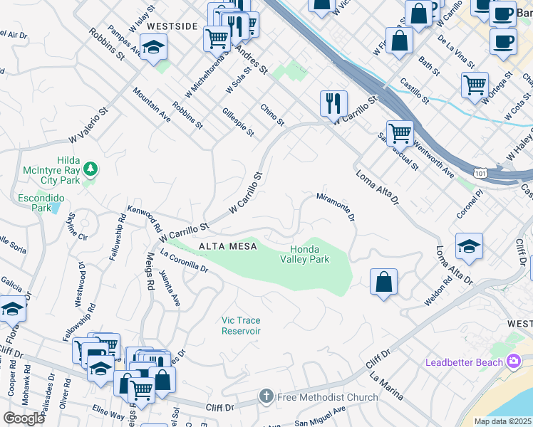 map of restaurants, bars, coffee shops, grocery stores, and more near 980 Miramonte Drive in Santa Barbara