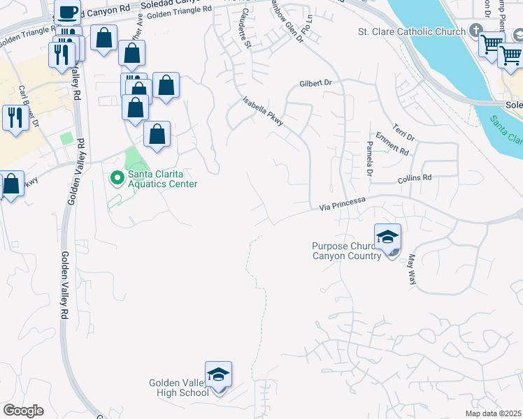 map of restaurants, bars, coffee shops, grocery stores, and more near 20303 Adriana Place in Santa Clarita