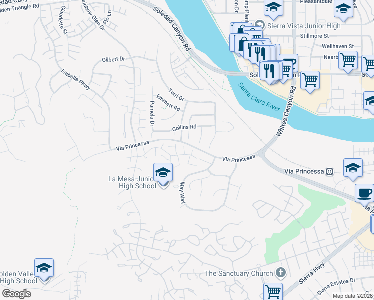 map of restaurants, bars, coffee shops, grocery stores, and more near 26544 Dove Court in Santa Clarita