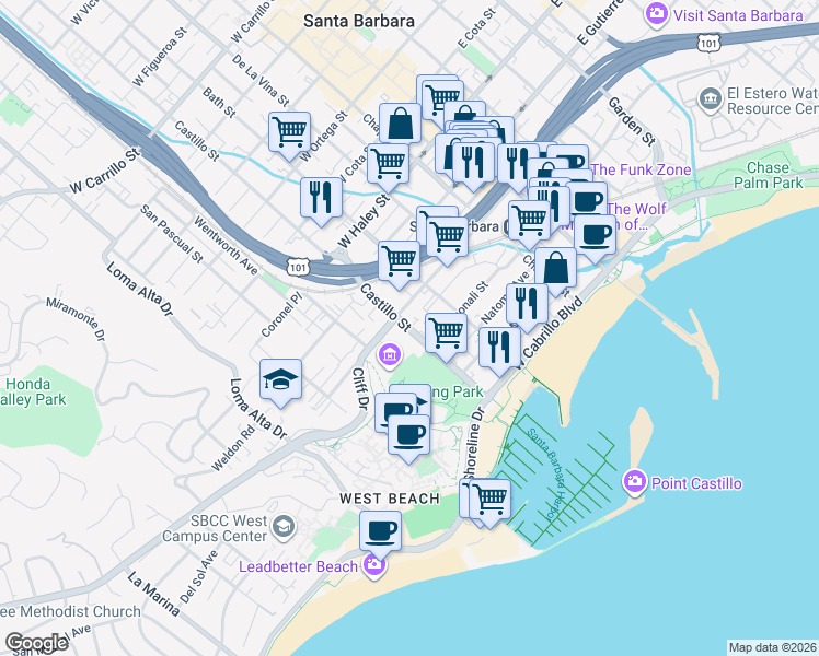 map of restaurants, bars, coffee shops, grocery stores, and more near 230 Castillo Street in Santa Barbara