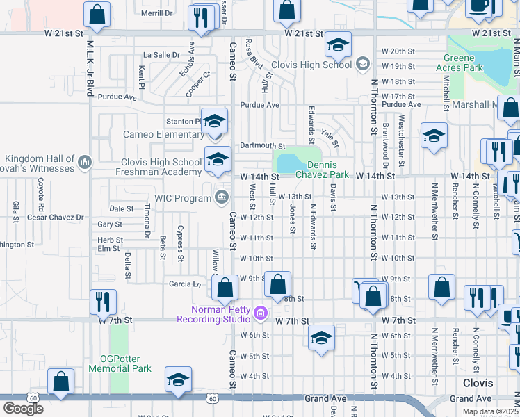 map of restaurants, bars, coffee shops, grocery stores, and more near 1205 West Street in Clovis